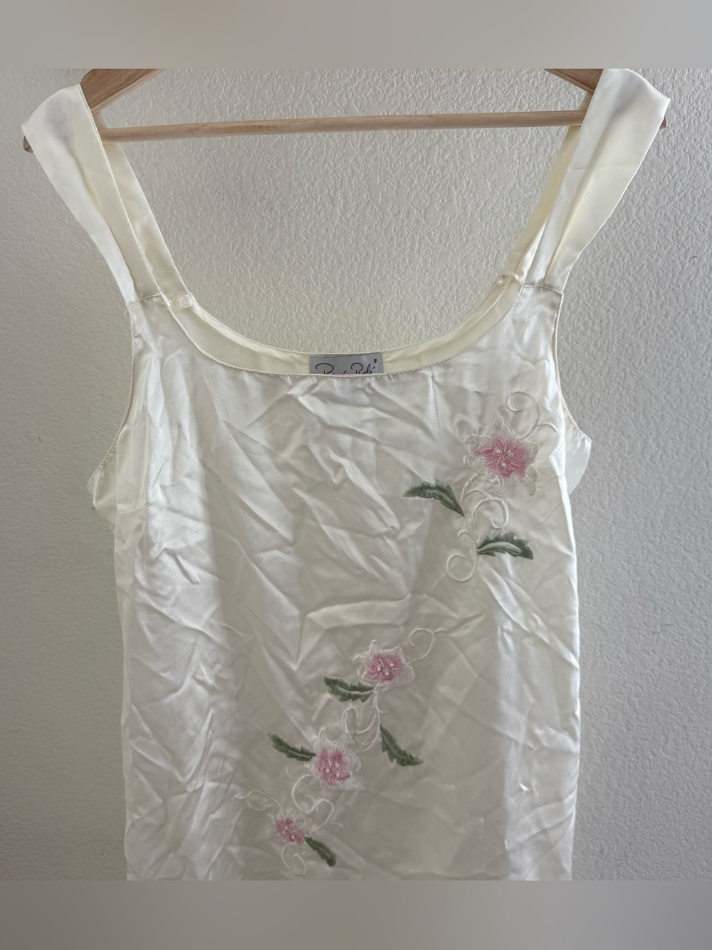 Rene Rofé 90s whimsical coquette fairy cream pearl floral embroidered slip dress